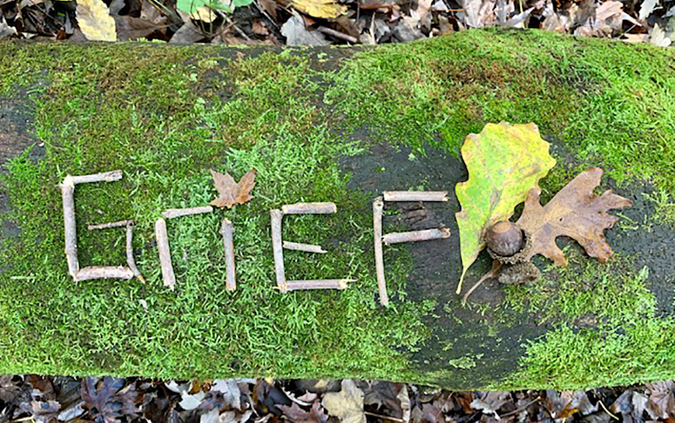 Grief spelled with sticks over moss and leaves
